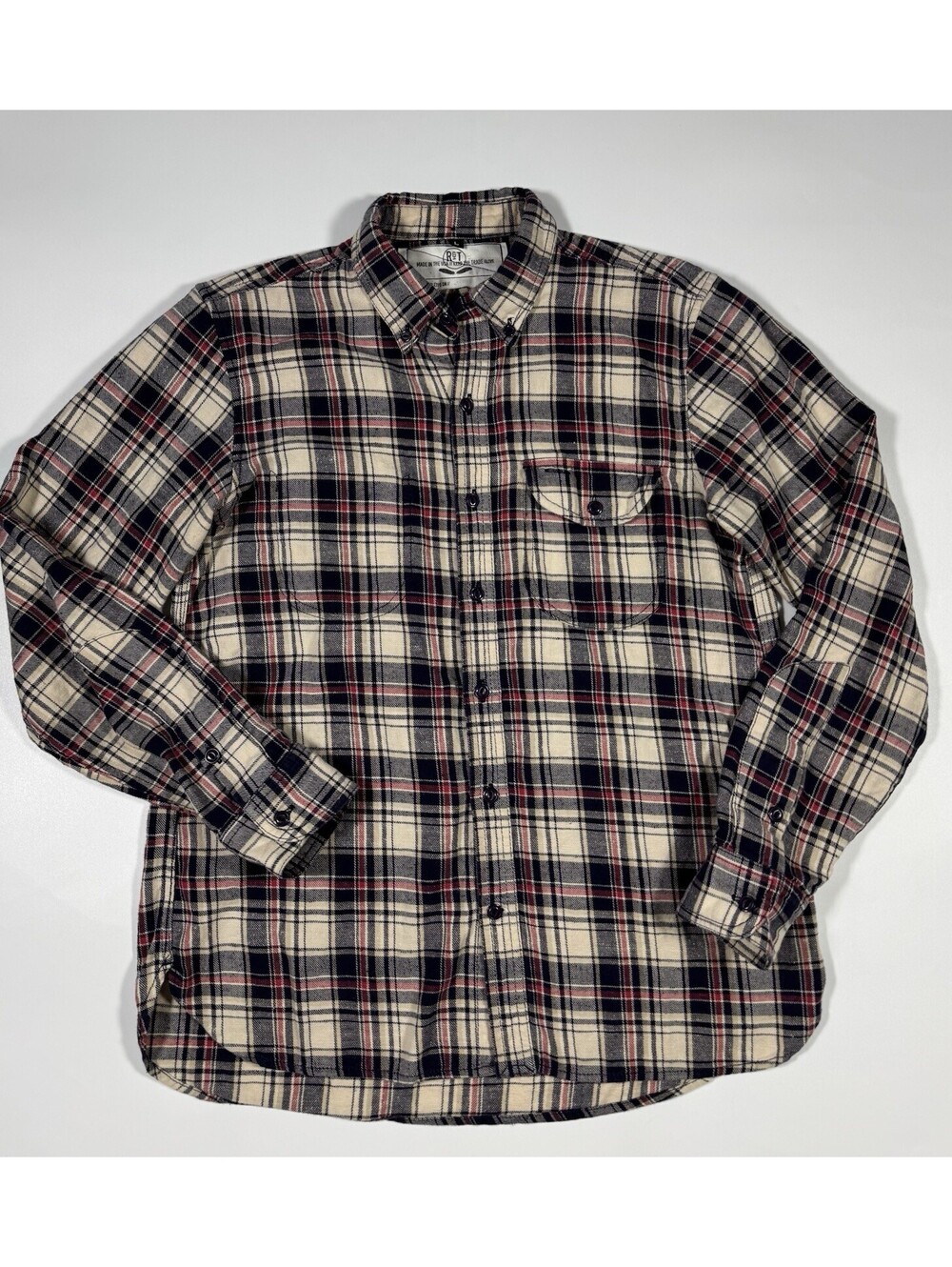 Rogue Territory RGT Cream Navy Red Plaid Flannel Shirt Made USA Men’s Large